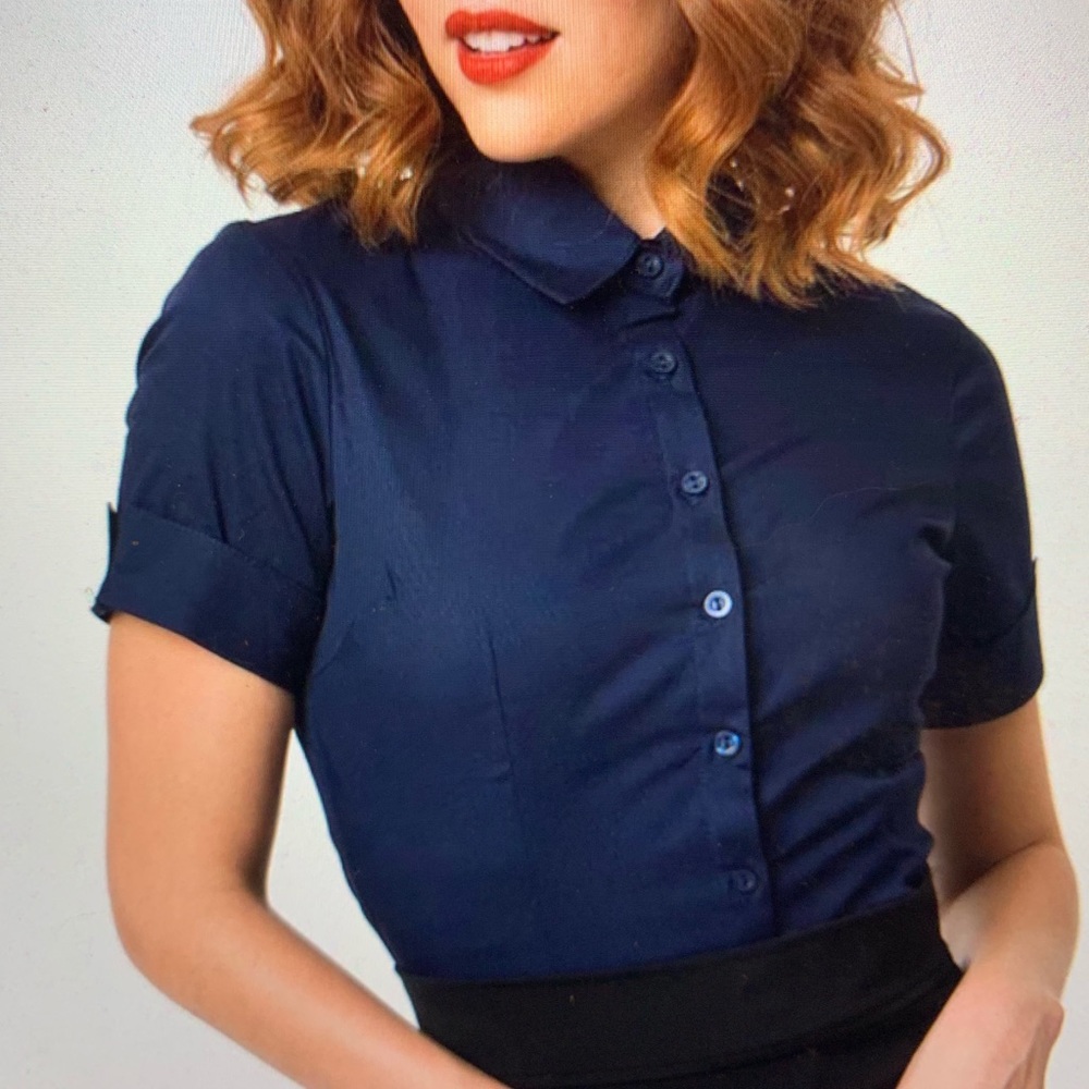 Retro Style Navy  Short Sleeve Collared Button Up